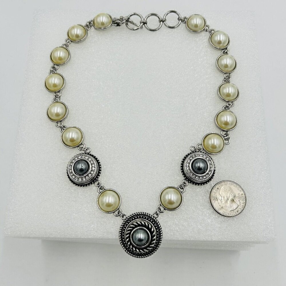 GS Signed Silver Tone Faux Pearl Rhinestone Statement Necklace 19"